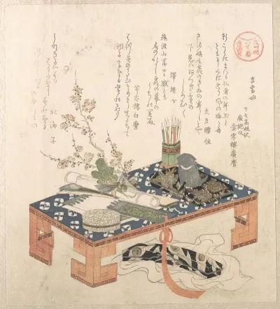 Desk With Writing Set And Plum Flowers