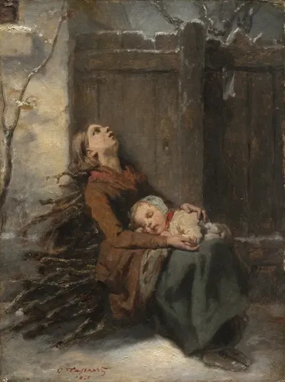 Destitute Dead Mother Holding Her Sleeping Child In Winter