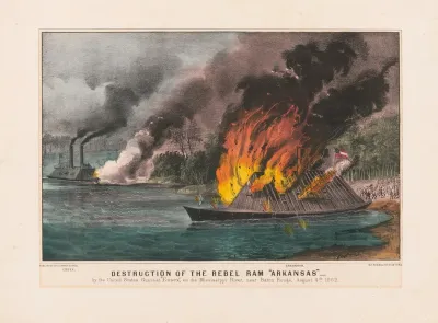 Destruction Of The Rebel Ram Arkansas By The United States Gunboat Essex On The Mississippi River Near Baton Rouge August 4th 1862