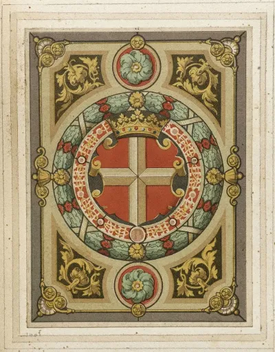 Detail De Vitrail A Motifs Heraldiques Ecusson A Croix Blanche Sur Fond Rouge Couronne Ducale
