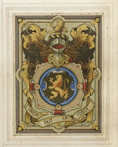 Detail De Vitrail A Motifs Heraldiques Lion Rampant Et Devise Lunion Fait La Force
