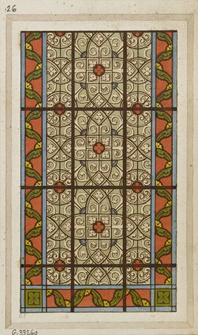 Detail De Vitrail Partie Inferieure De Fenetre Entrelacs Sur Fond Gris Entourage A Fond Rouge Feuilles Vertes Et R