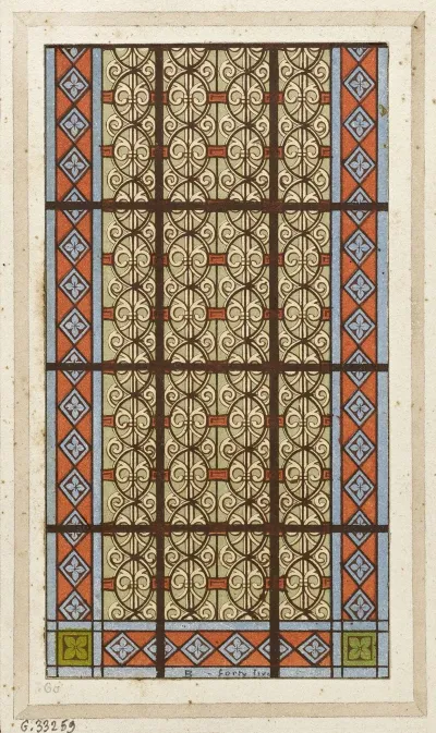 Detail De Vitrail Partie Inferieure De Fenetre Entrelacs Sur Fond Gris Entourage A Fond Rouge