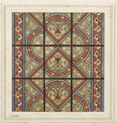 Detail Dun Vitrail Quadrilobes Et Losanges Rouges Et Bleus Entrelaces Sur Fond Gris