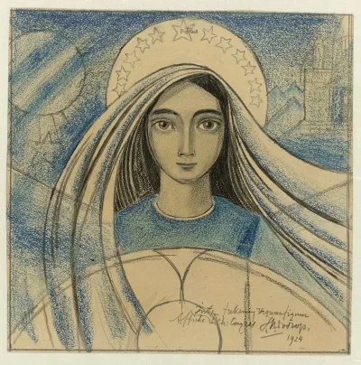 Detailontwerp Van Een Vrouwenhoofd Voor Een Affiche Voor Het Internationaal Eucharistisch Congres Gehouden Te Amsterdam Van 22 27 Juli 1924
