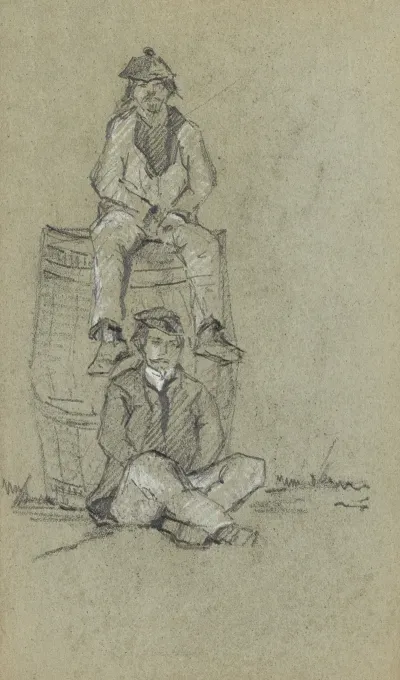 Deux Hommes Posant Sur Un Tonneau