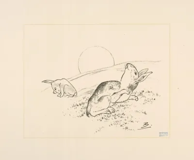 Deux Lapins La Lune Derriere Colline