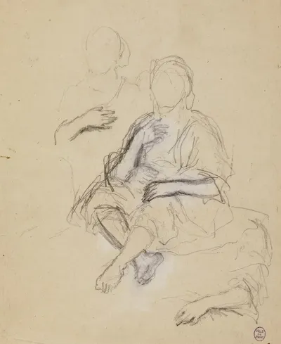Deux Personnages Drapes Assis De Face Et Etude De Bras