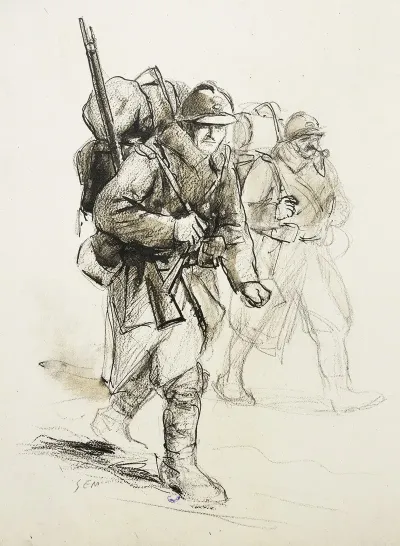 Deux Soldats Marchant Sur La Droite Portant Leur Barda