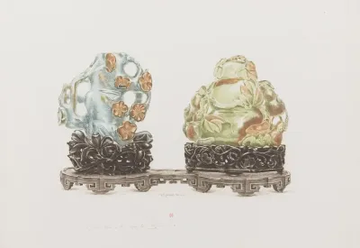 Deux Sujets De Jade Et Leur Socle Sur Un Presentoir