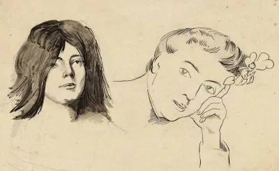 Deux Tetes De Femme Lune Aux Cheveux Longs Lautre Appuyee Dans Sa Main Gauche