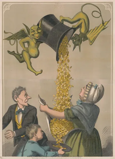 Devils Pouring Gold Coins From Hat Into Womans Apron And Boys Hat