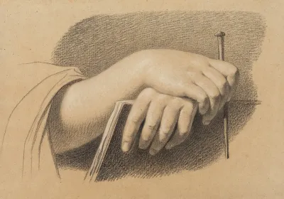 Die Hande Eines Zeichners Mit Stift Uber Dem Zeichenheft Verschrankt