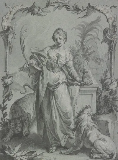 Die Heilige Euphemia Mit Kreuz Und Palme Vor Einem Altar Stehend