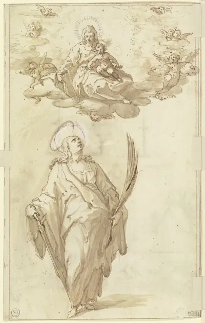 Die Heilige Katharina Mit Der Palme Und Dem Schwert Oben In Den Wolken Maria Mit Dem Jesuskind Und Engeln