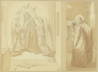 Die Heiligen Johannes Der Evangelist Und Dionysos Die Im Gebet Schwebende Maria Beobachtend