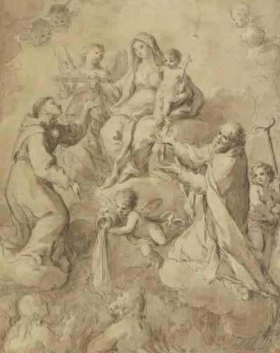 Die Muttergottes Mit Dem Jesuskind Von Heiligen Und Engeln Umgeben Ein Engel Giest Wasser Aus
