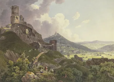 Die Ruinen Gleiberg Und Vetzberg Bei Giesen Links Die Beiden Burgruinen Auf Bergen Rechts Ein Weites Tal Im Vordergrund Ausflugler Und Hirten