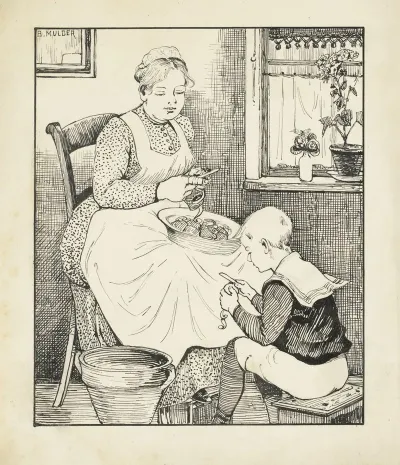 Dienstmeid En Jongen Schillen Aardappelen