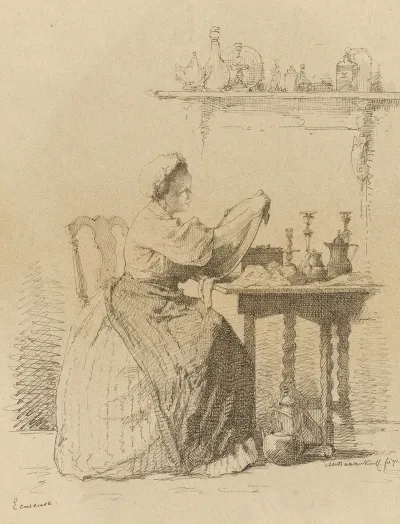 Dienstmeisje Dat Aan Tafel Zit Te Poetsen