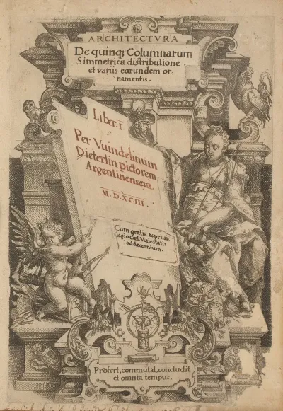 Diligence Diligentia And Cupid Present Architectural Ornaments And Cartouches With Inscriptions