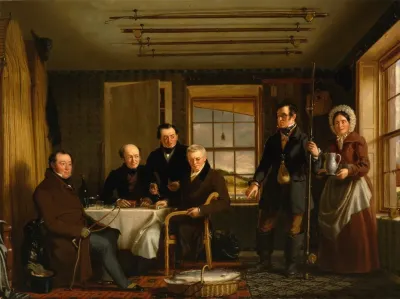 Discussing A Catch Of Salmon In A Scottish Fishing Lodge