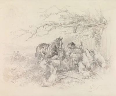 Dismounted Rider Breaking Open A Fence For Foxhounds To Pass Through