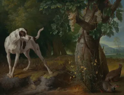 Dog Pointing Partrideges In A Landscape