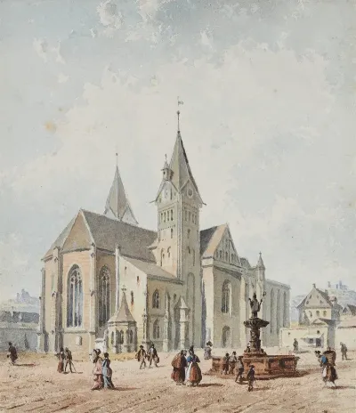 Domplatz In Eichstatt Mit Brunnen Und Zahlreichen Figuren