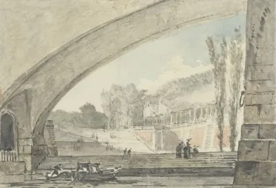 Doorzicht Onder Een Brug Naar Terrassen En Een Trap