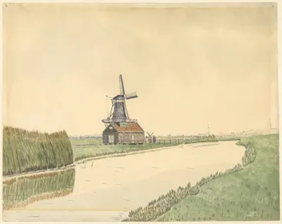 Doppenmolentje Het Vliegend Hert Engewormerringsloot Op De Achtergrond R Twee Torens Van De Beschuittoren En De Ned Herv Kerk