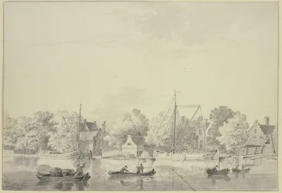 Dorf Am Ufer Eines Flusses Schiffe Liegen Am Ufer Und Vier Boote Fahren Auf Dem Fluss