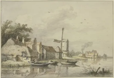 Dorf Mit Einer Windmuhle Am Wasser