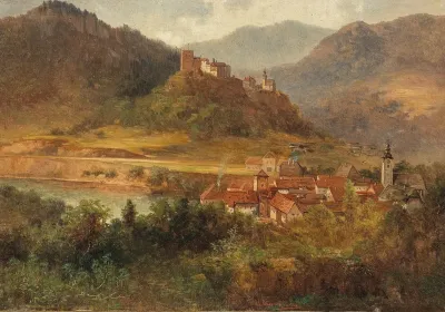 Dorf Mit Fluss Und Burg