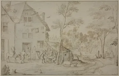 Dorfansicht Mit Der Heiligen Familie Auf Der Flucht Nach Agypten