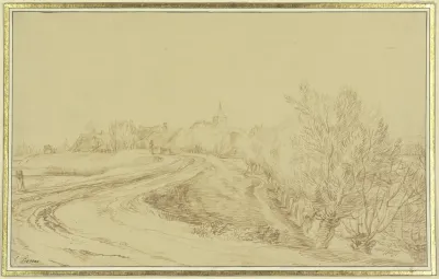 Dorfansicht Mit Einem Fahrweg Der An Einem Mit Weiden Besetztem Graben Hinfuhrt