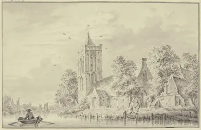 Dorfkirche Am Wasser Links Rudert Ein Mann Einen Kahn