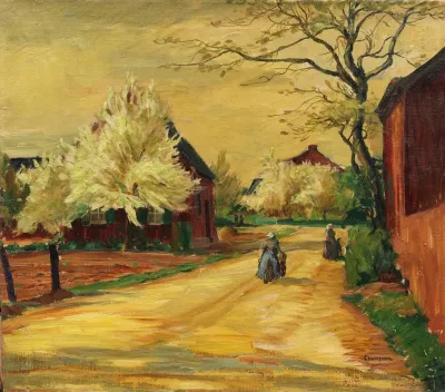 Dorfstrase Mit Bluhenden Baumen
