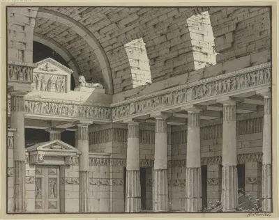 Dorische Saulenhalle Mit Rundbogengewolbe Und Einem Portal Mit Einer Sphinx