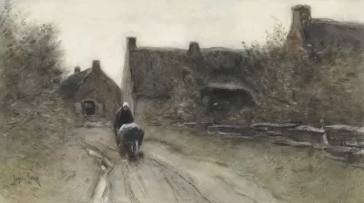 Dorpsgezicht Met Vrouw Met Kruiwagen