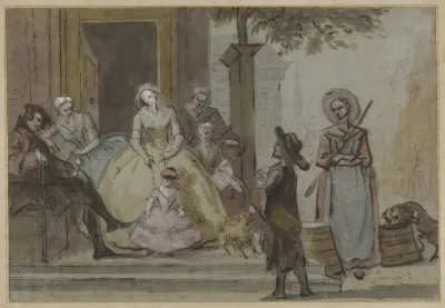Draailier Speler Voor Een Luisterende Familie Op De Stoep Van Een Stadshuis