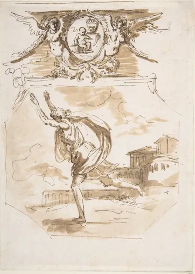 Draped Man Running Cartouche Supported By Two Winged Victories