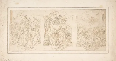 Drawing For Ceiling Decoration Consisting Of Three Panels Each Showing A Different Scene With Figures