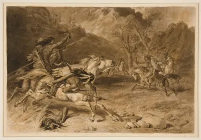 Drawing For The Encounter Indian Fight On Horseback