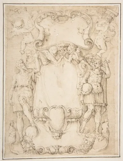 Drawing Of Cartouche With Bearded Man Left Young Man Crowned With Laurels Right And Four Putti