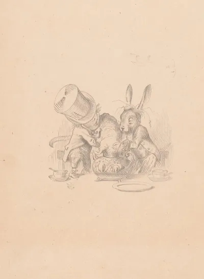 Drawing Of Hatter And March Hare Putting Dormouse In Teapot
