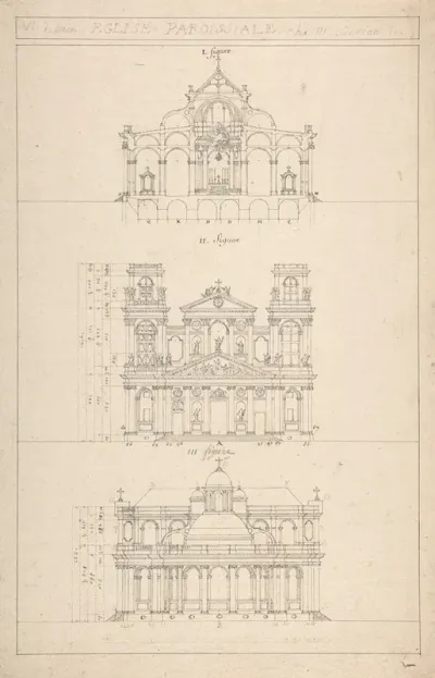 Drawing Of Interior Facade And Rear Of Church