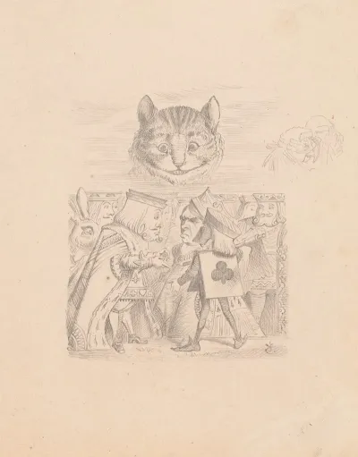 Drawing Of The Cheshire Cat In The Sky With Executioner King And Queen Below