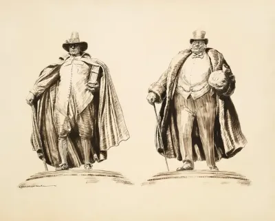 Drawing Of Two Men One In Puritan Dress With A Large Book The Other In Wealthy Dress With A Bag Of Money