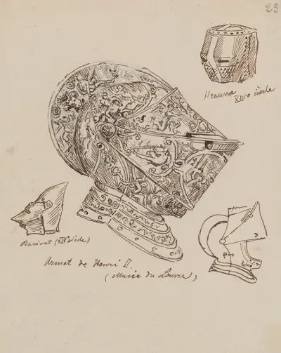 Drawings Of Helmets From The 13th And 14th Centuries And The Helmet Of King Henry Ii From Ca 1560 From The Louvre Collection